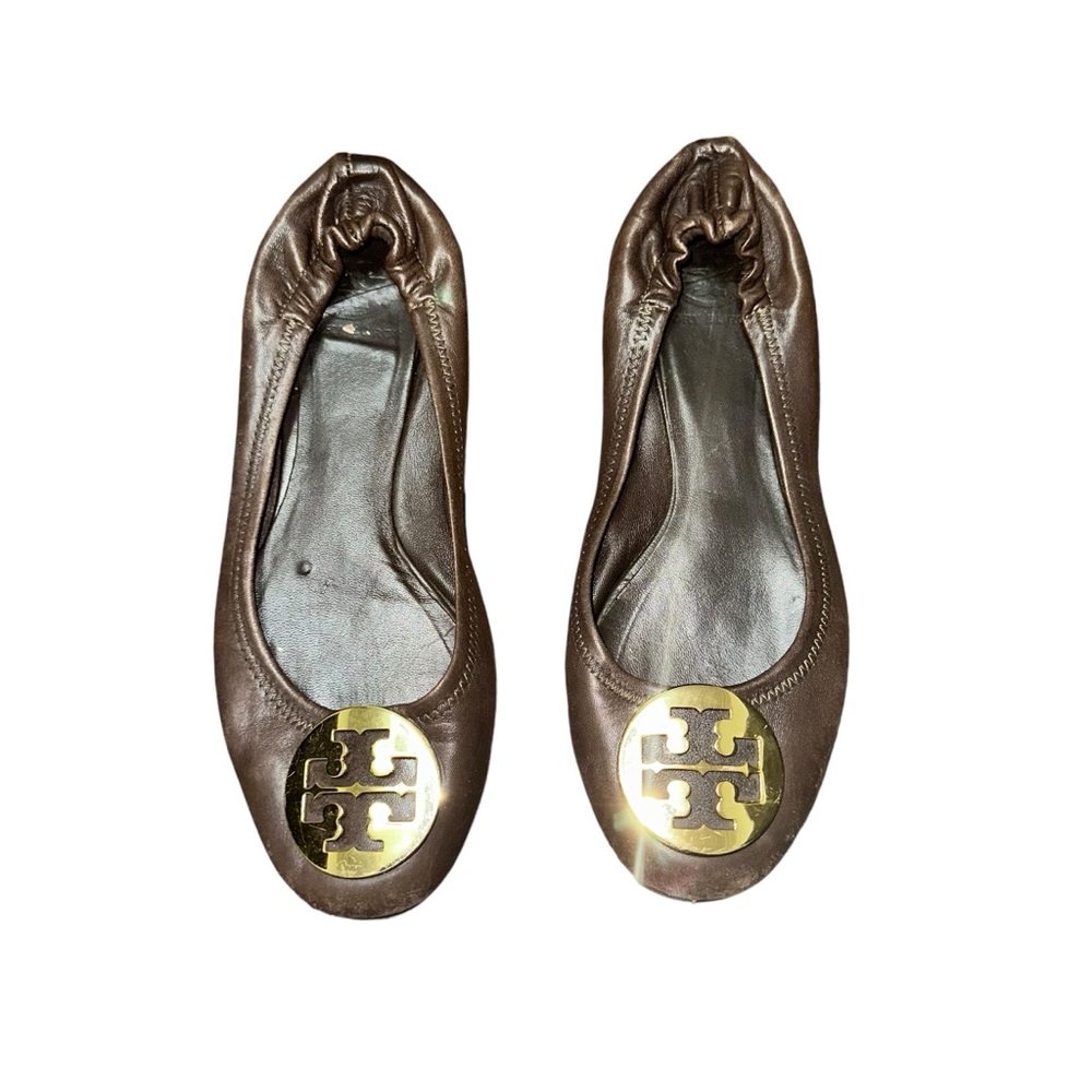 Tory Burch Reva Soft Leather Flats Gold Logo Size 7.5 Chocolate Brown